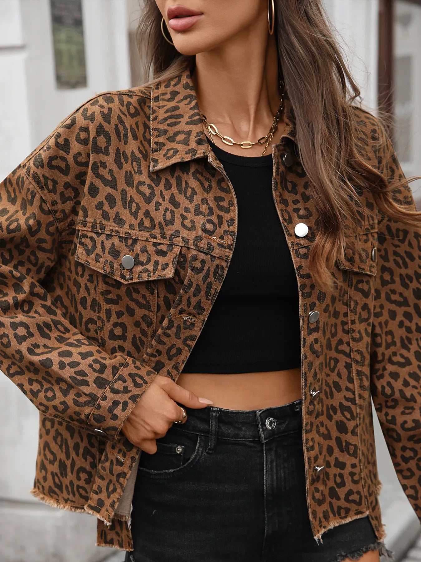 Leopard Print Denim Jacket with Raw Hem Detail.