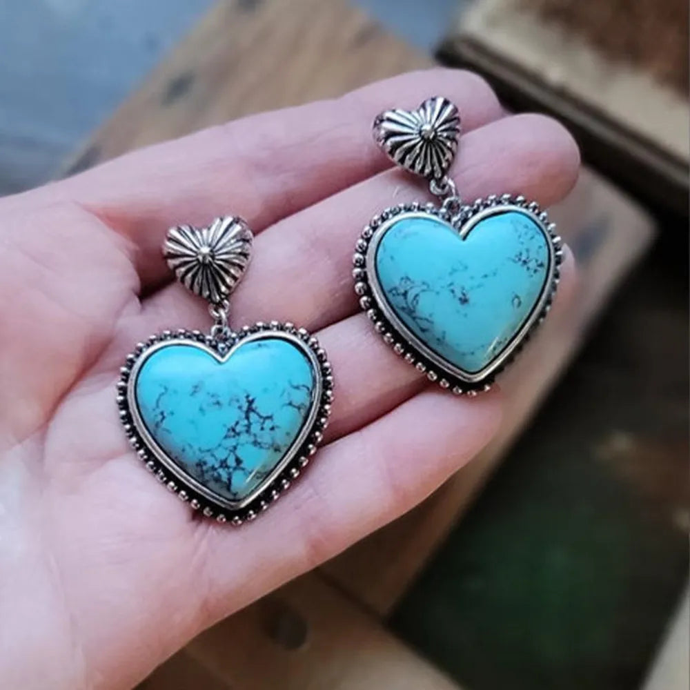 Artificial turquoise alloy heart-shaped dangle earrings silver-plated jewelry accessory