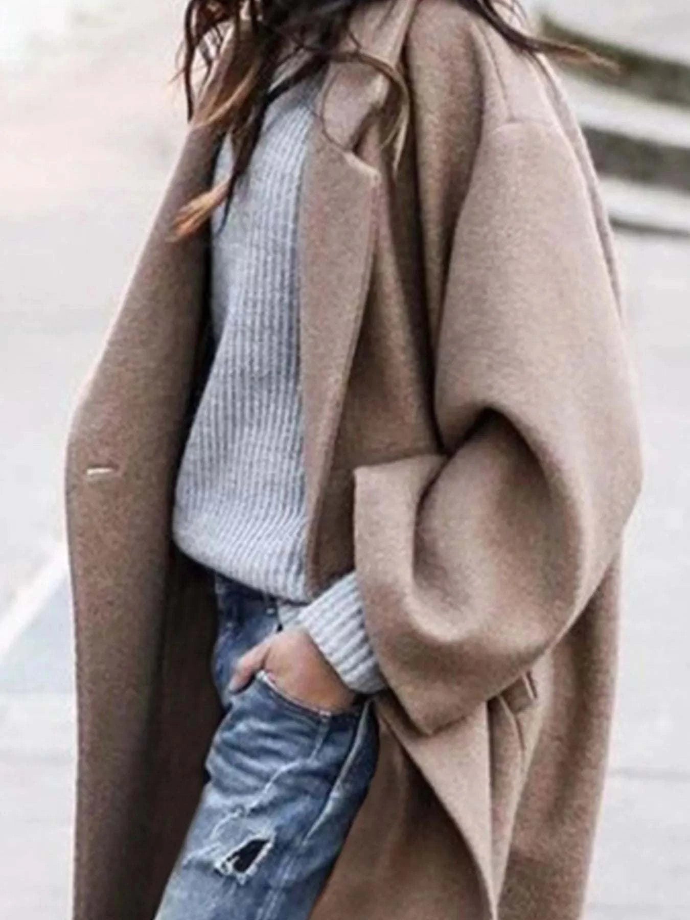 Plus size full size wool blend longline overcoat with pockets and button closure in beige color