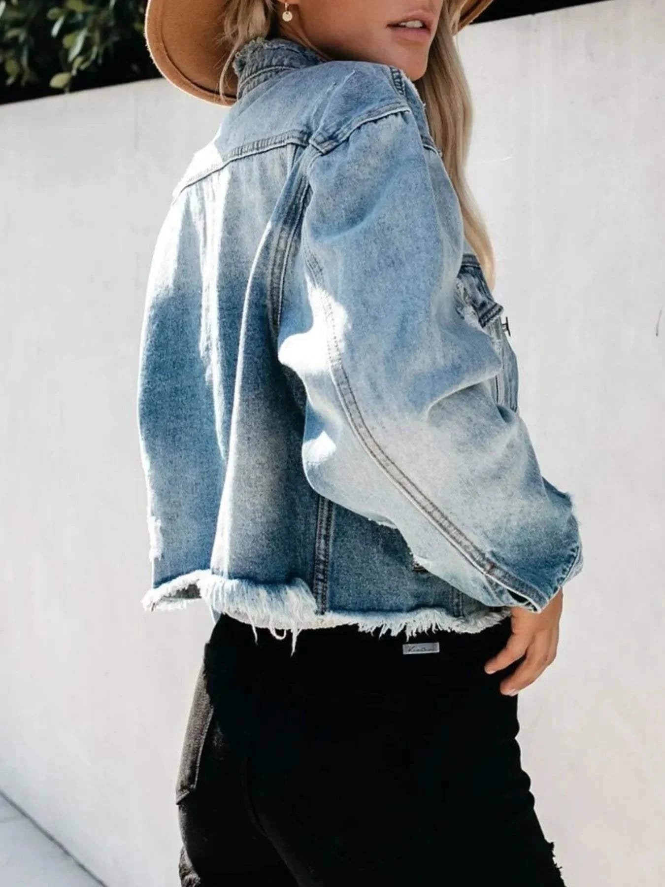 Distressed Denim Jacket with Raw Hem - Redemption By Ashley North