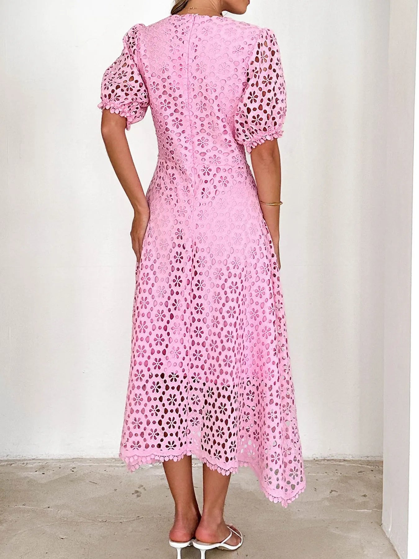 Eyelet Lace V-Neck Dress with Puff Sleeves - Elegant Midi Style.