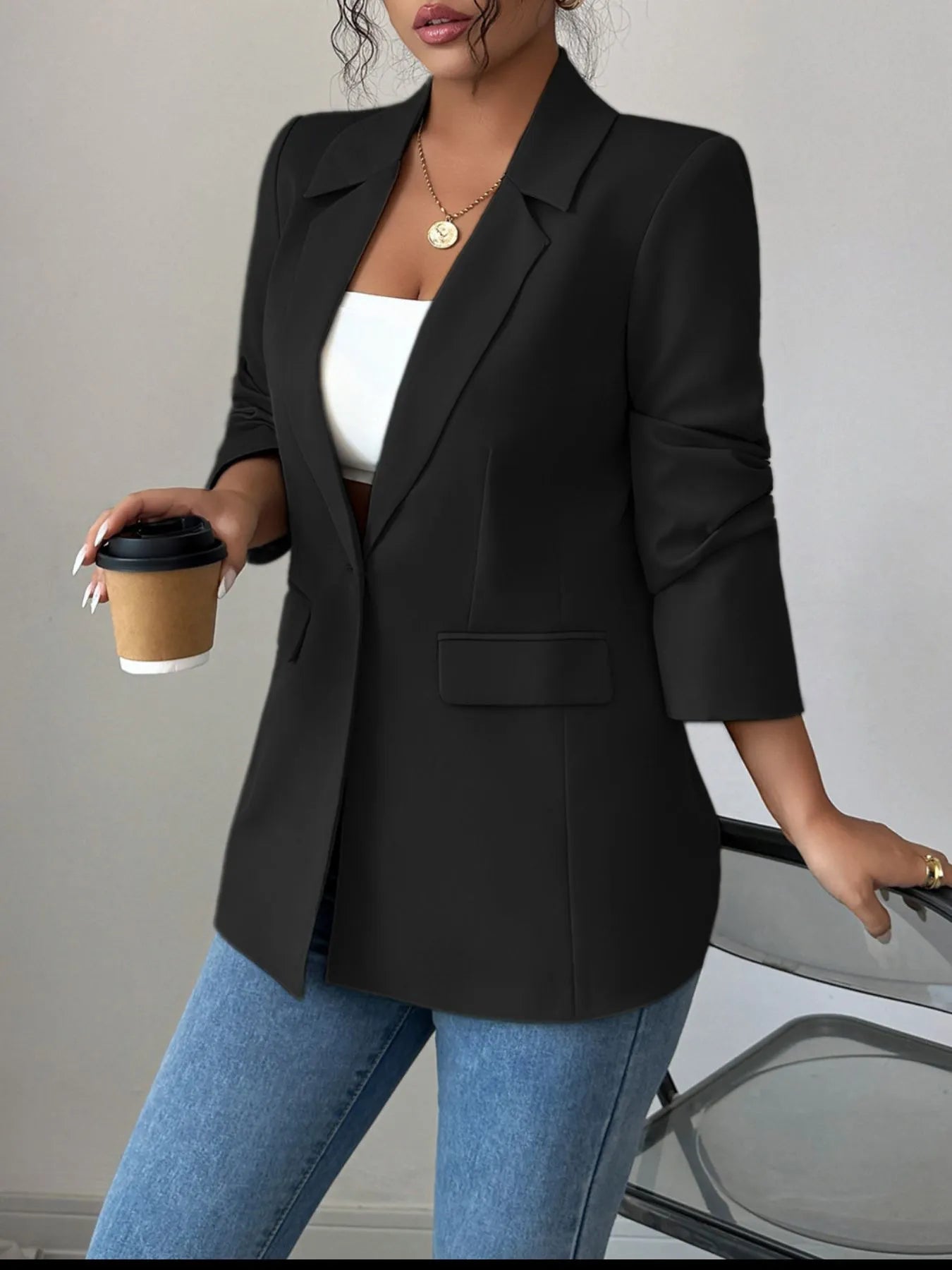 One Button Blazer with Lapel Collar.