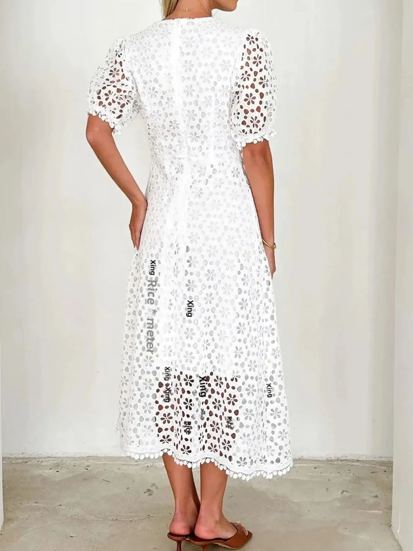 Eyelet Lace V-Neck Dress with Puff Sleeves - Elegant Midi Style.