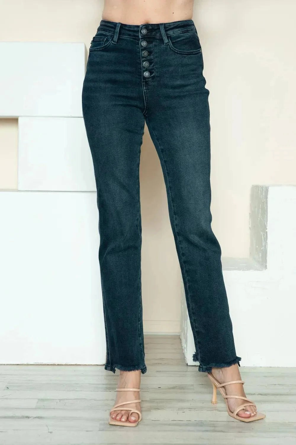 Judy Blue Straight Jeans full-size fit with button fly and destroyed hem in dark wash denim