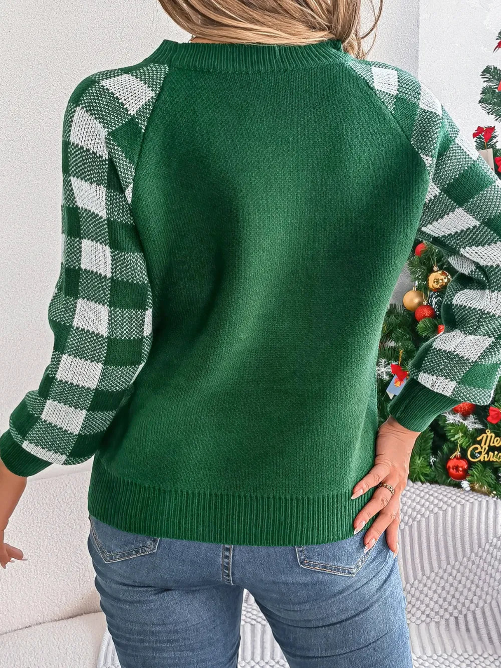 Reindeer Plaid Round Neck Long Sleeve Sweater.