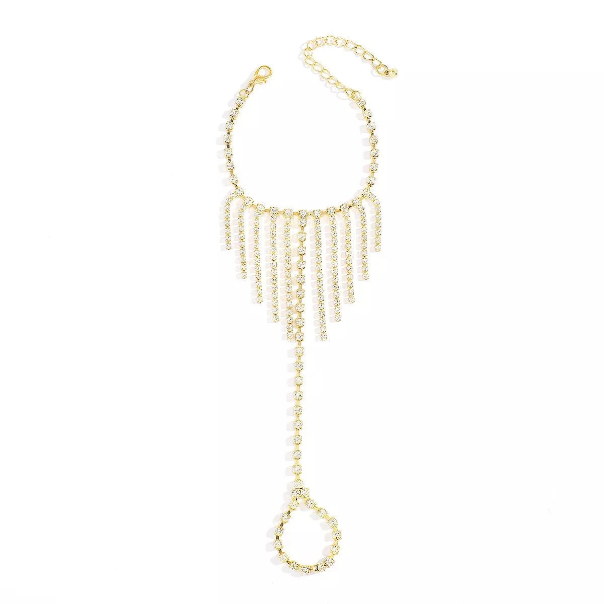 Rhinestone Fringe Hand Chain BraceletPieces:1-piece
Material:18K Gold-Plated,Iron,Rhinestone,Silver-plated
Care instructions:Avoid wearing during exercise, as sweat will react with the jewelry to producRhinestone Fringe Hand Chain