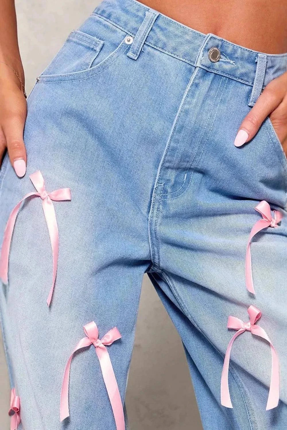 Bow Wide Leg Denim Jeans with Decorative Bow Detail - Redemption By Ashley North