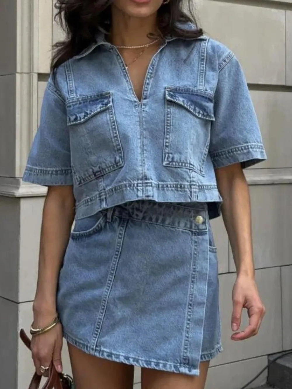 Johnny Collar short sleeve denim top and skort two-piece set with buttoned front and chest pockets