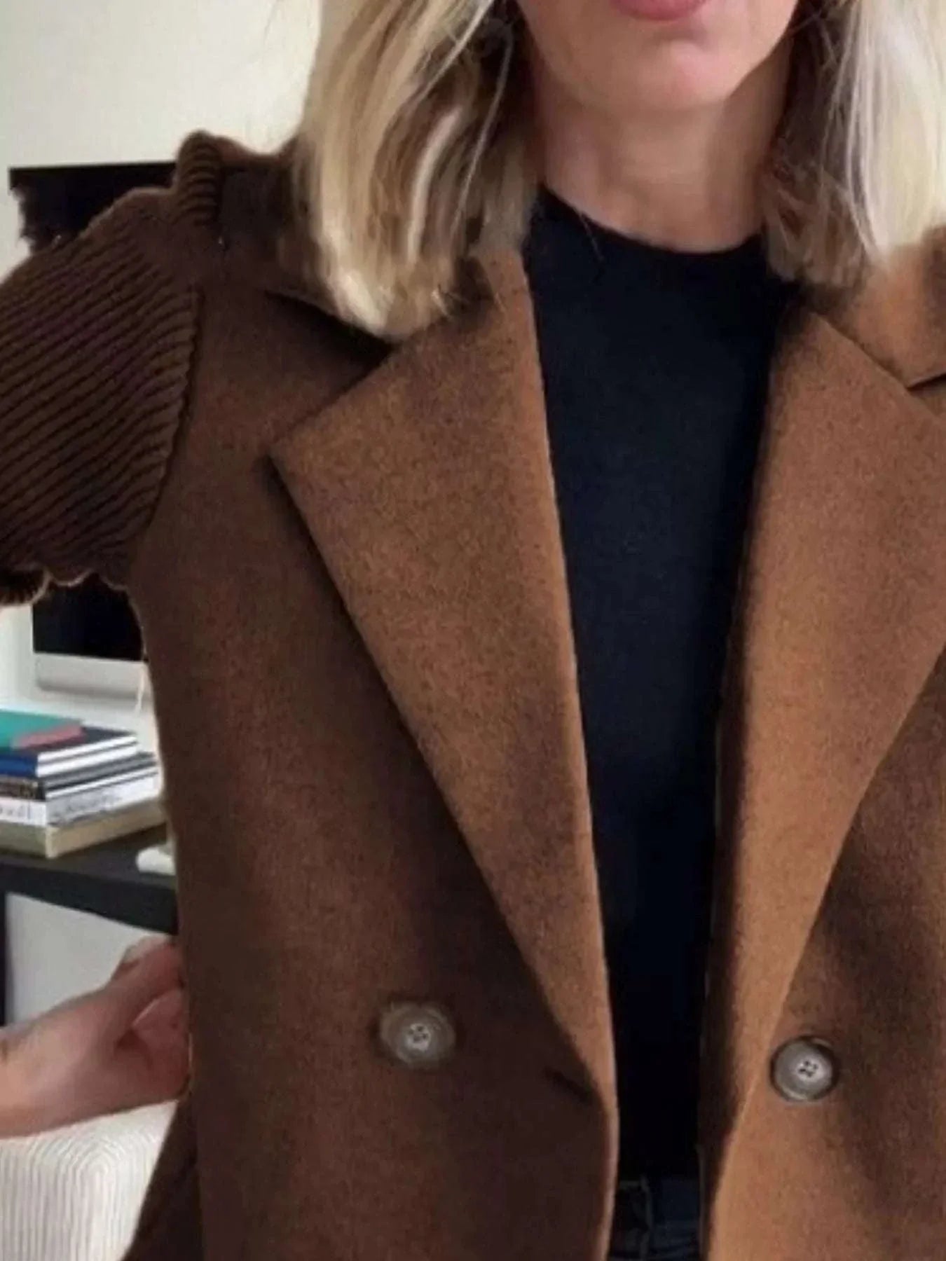 Plus size double-breasted outerwear with ribbed full size knit sleeves in brown polyester material