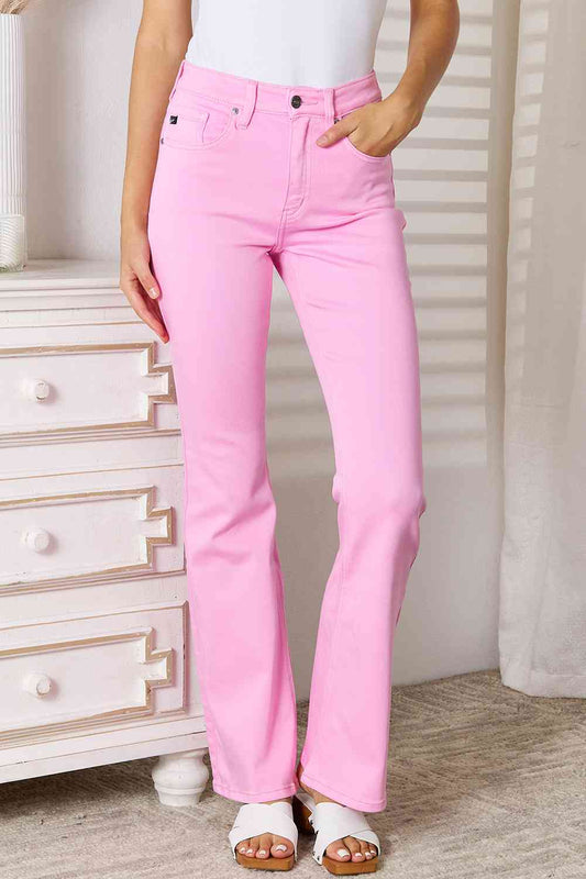 Women's pink Kancan Bootcut Jeans high rise fit styled with white top and sandals