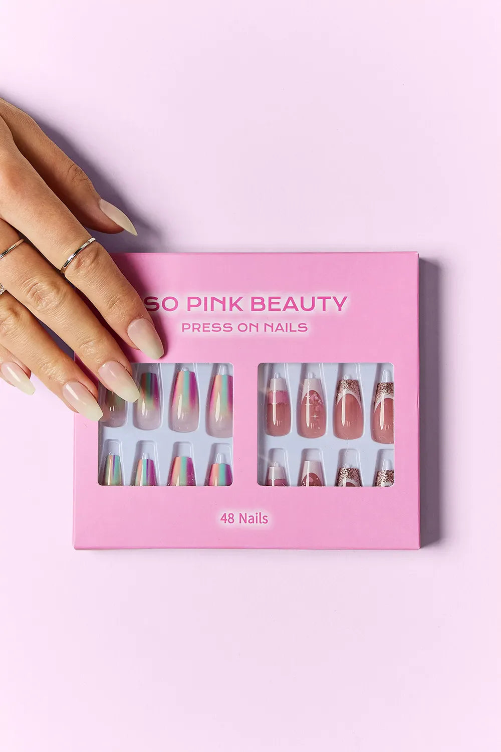 SO PINK BEAUTY Press On Nails 2 Packs with 48-piece stylish and versatile designs in pink packaging