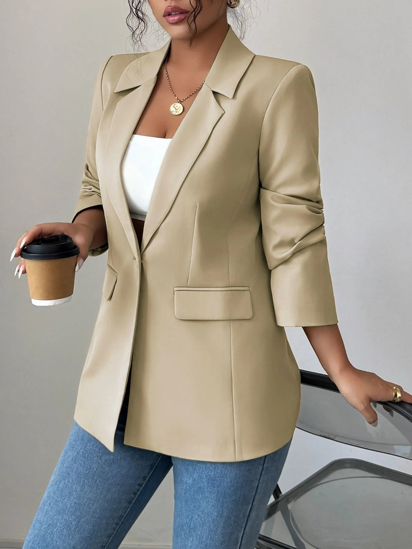 One Button Blazer with Lapel Collar.