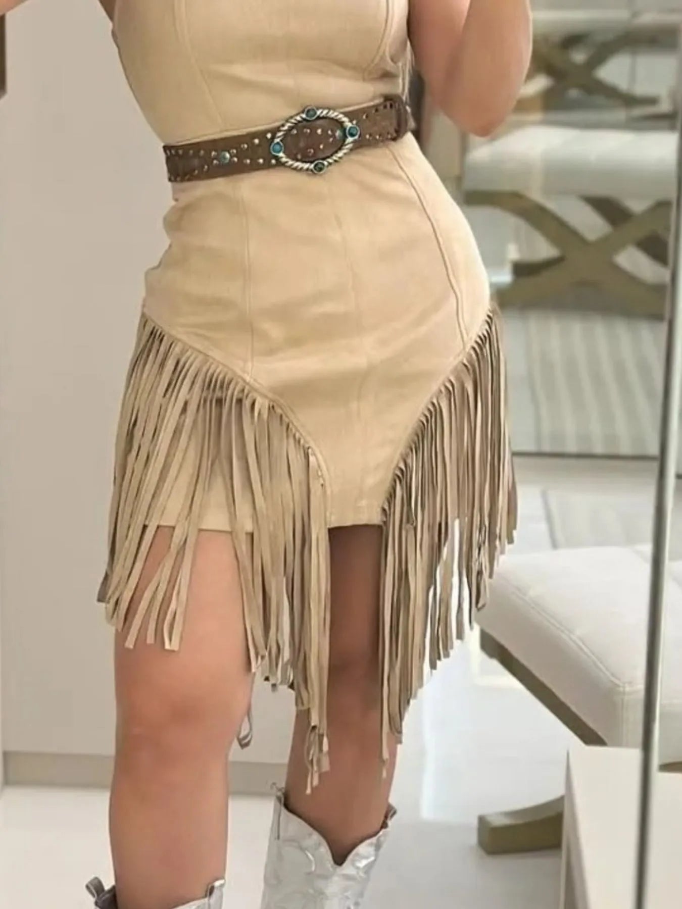 Fringe Bodycon Mini Dress with Square Neck Design.