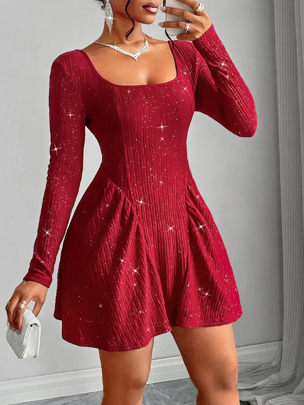 Backless Glitter Square Neck Long Sleeve Mini Dress.
