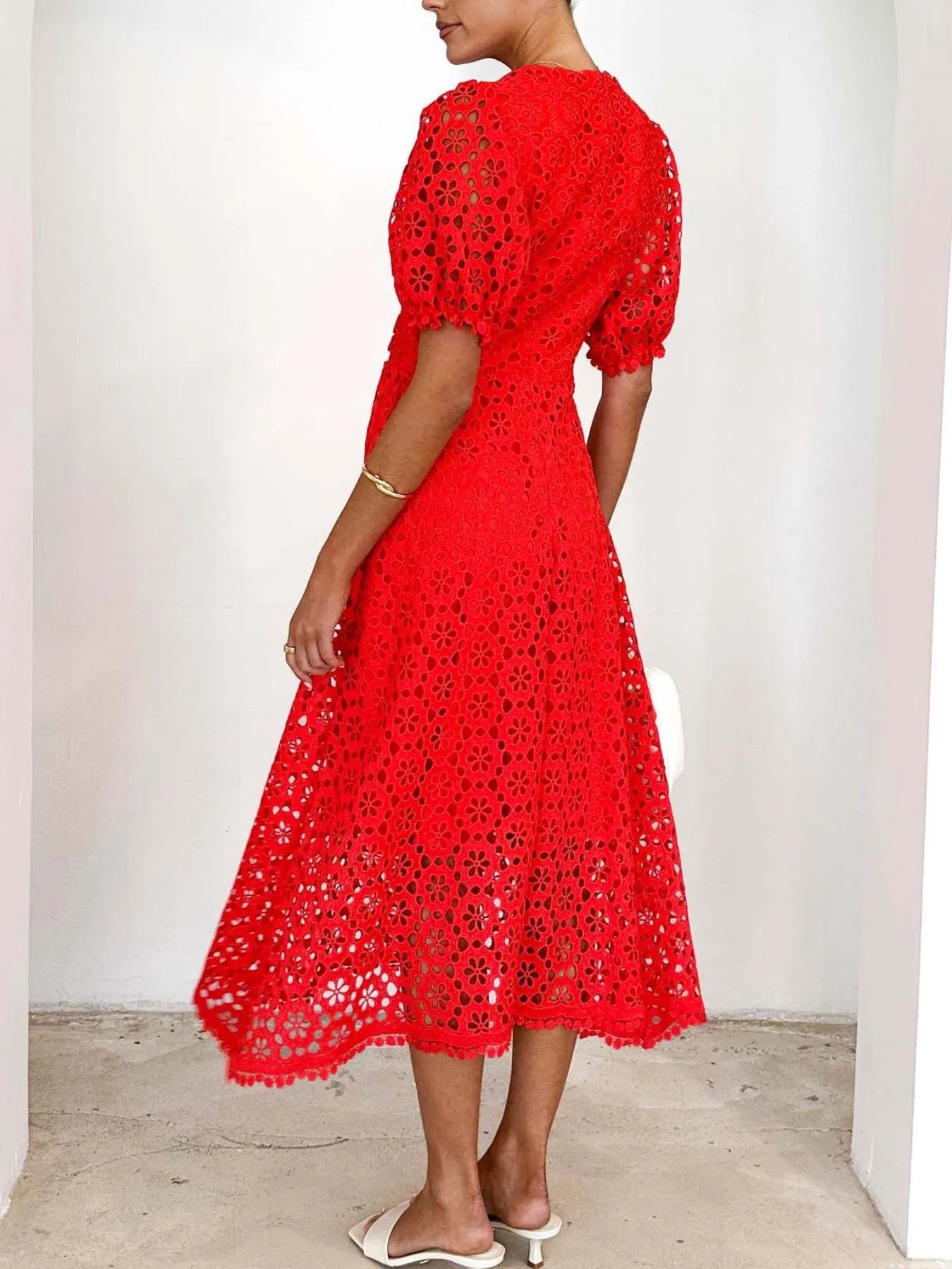 Eyelet Lace V-Neck Dress with Puff Sleeves - Elegant Midi Style.