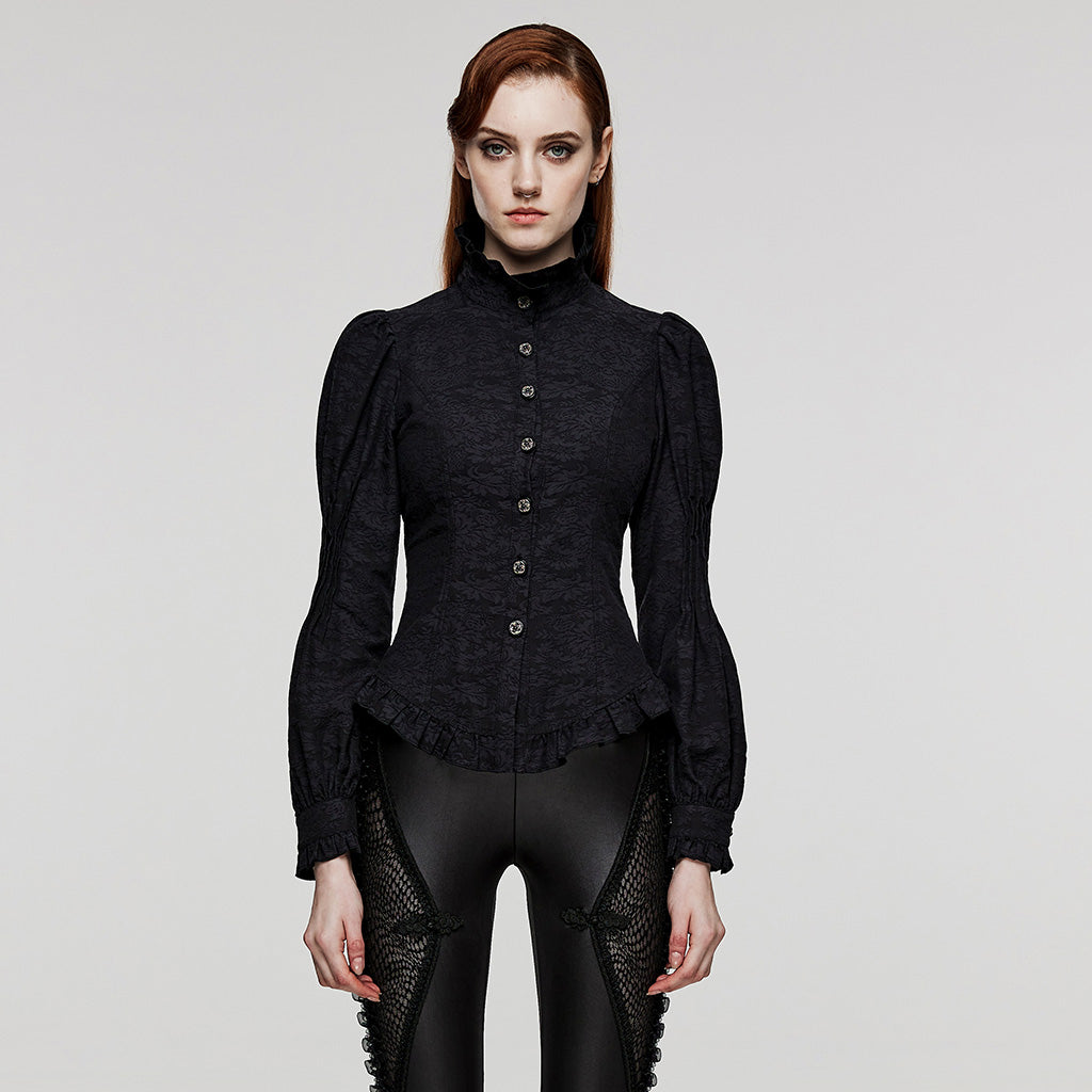 Vintage court style gothic jacquard puff sleeve shirt for women with slim fitting waistband in black