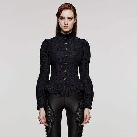 Vintage court style gothic jacquard puff sleeve shirt for women with slim fitting waistband in black