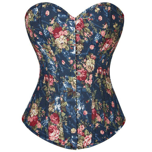 Vintage floral corset top with denim fabric and colorful floral print overbust bustier for women