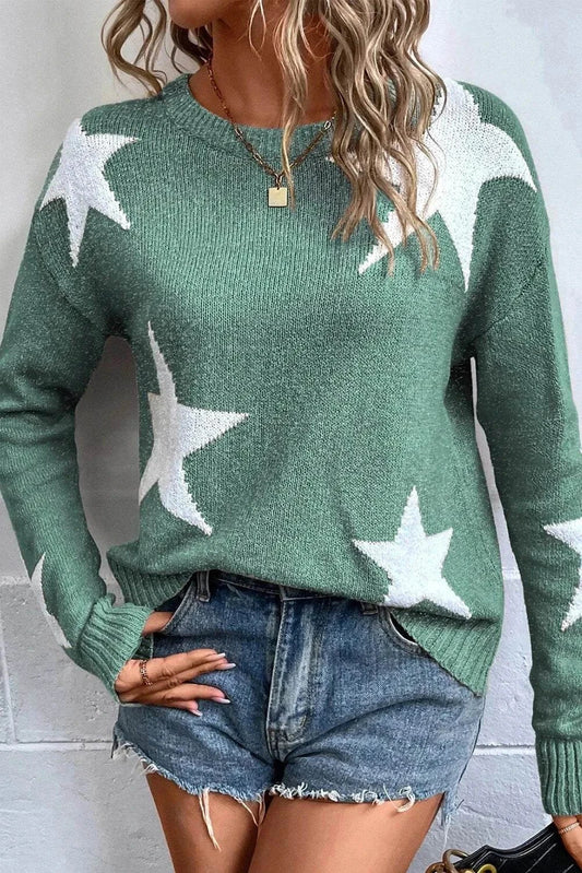 Green Star Round Neck Dropped Shoulder Sweater with white stars and no stretch, styled with denim shorts
