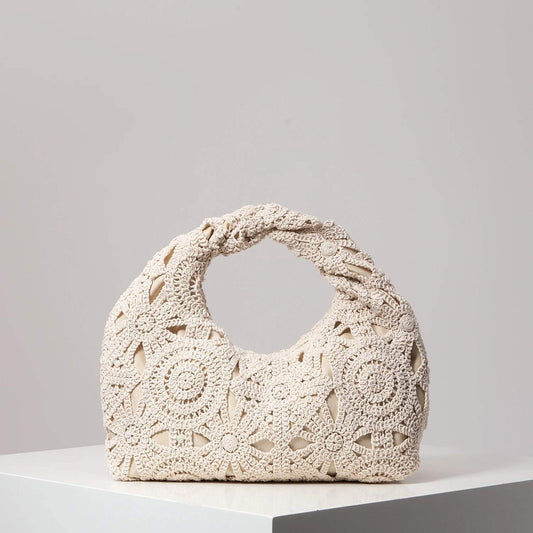 cream bohemian crochet handle bag with floral pattern handcrafted accessory