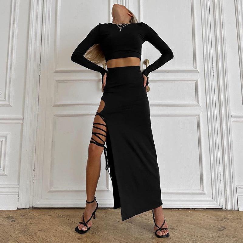 Solid Color Slim Fit Tie Skirt Set with Long Sleeve Round Neck Top - Redemption By Ashley North