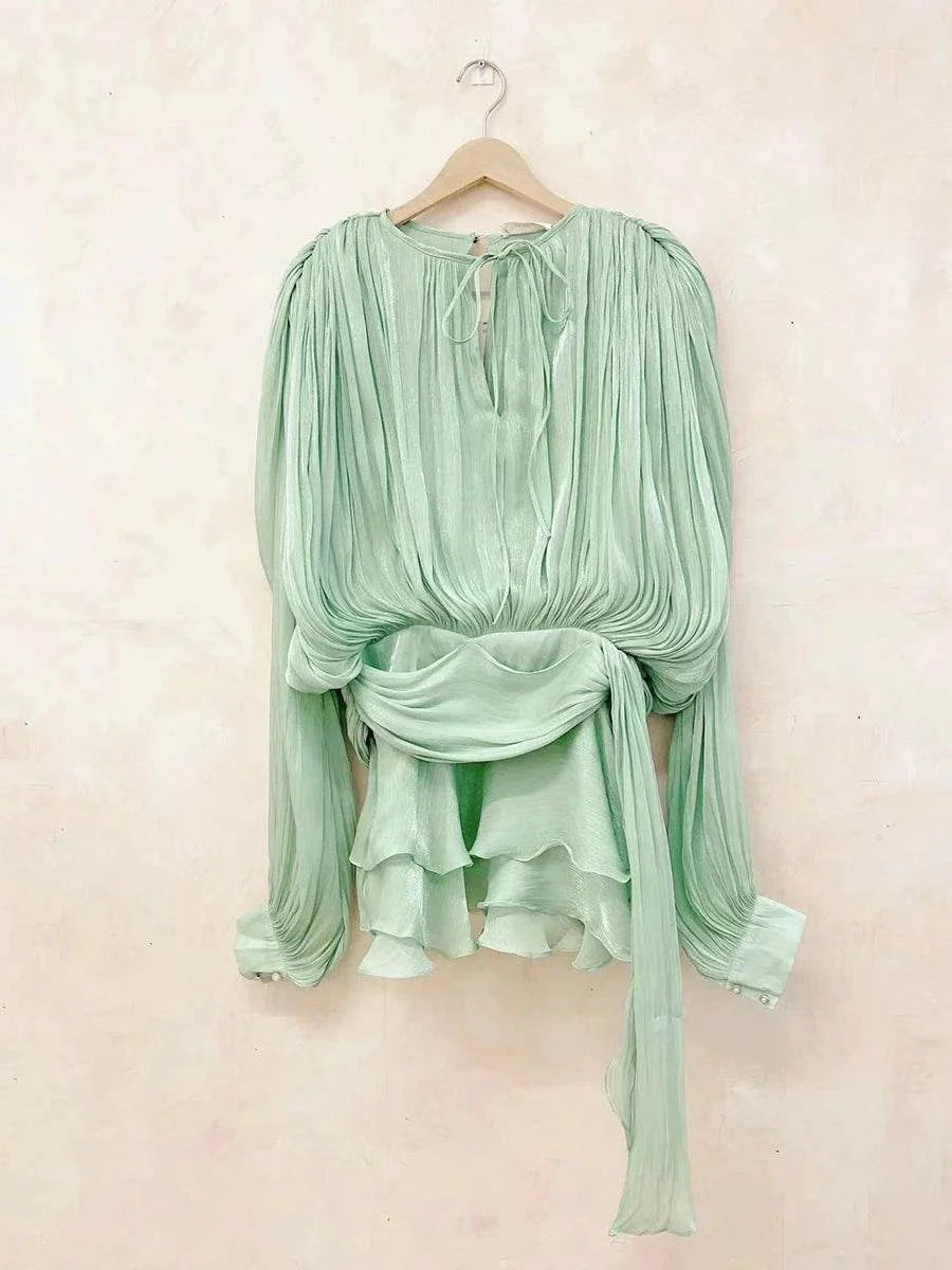 TWOTWINSTYLE V Neck Lace Up Mini Dress for Women - Solid Blouse Long Sleeve Spliced Lace Up Sweet Style Fashion - Redemption By Ashley North