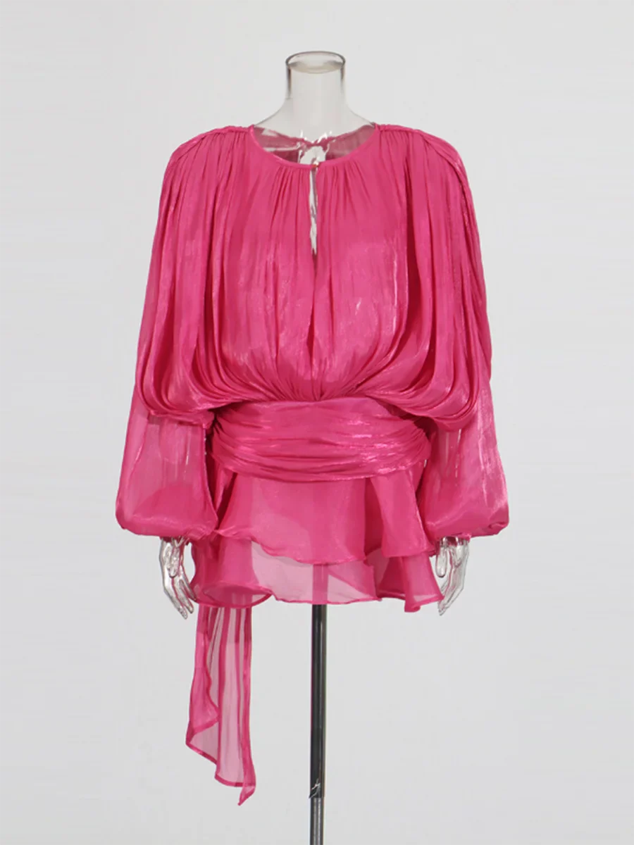 TWOTWINSTYLE V Neck Lace Up Mini Dress for Women - Solid Blouse Long Sleeve Spliced Lace Up Sweet Style Fashion - Redemption By Ashley North