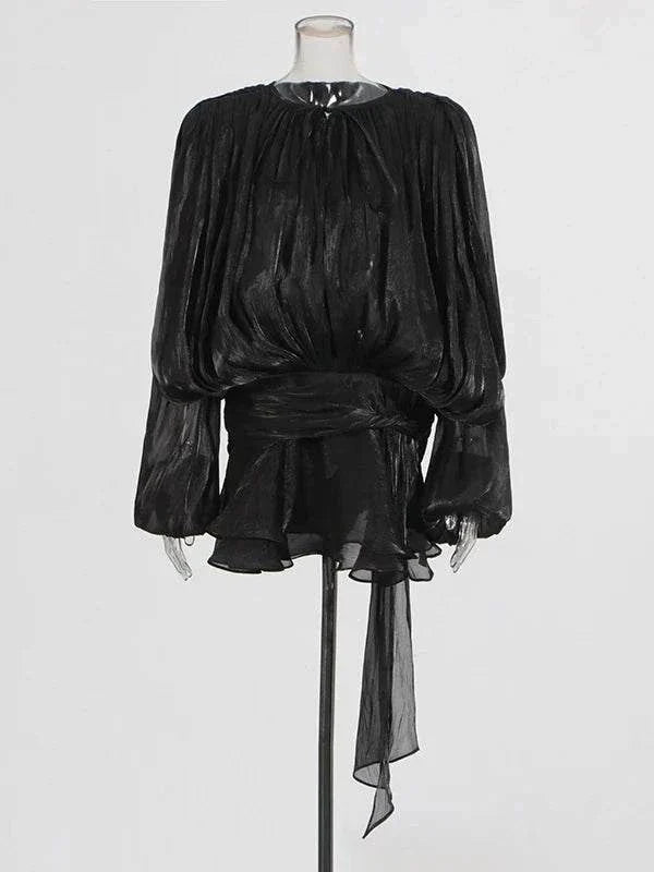 TWOTWINSTYLE V Neck Lace Up Mini Dress for Women - Solid Blouse Long Sleeve Spliced Lace Up Sweet Style Fashion - Redemption By Ashley North