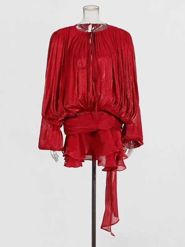 TWOTWINSTYLE V Neck Lace Up Mini Dress for Women - Solid Blouse Long Sleeve Spliced Lace Up Sweet Style Fashion - Redemption By Ashley North