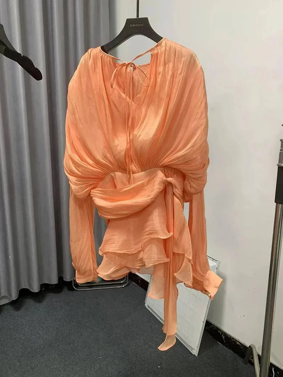 TWOTWINSTYLE V Neck Lace Up Mini Dress for Women - Solid Blouse Long Sleeve Spliced Lace Up Sweet Style Fashion - Redemption By Ashley North