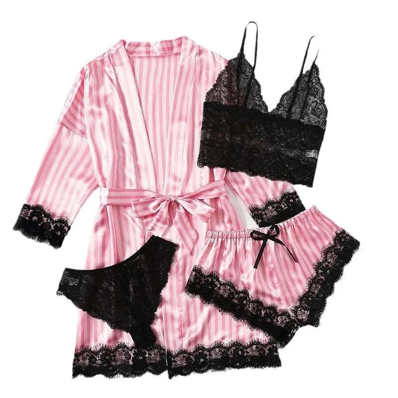 Lace Satin Pajama Set: Romantic Bliss 4-Piece Sleepwear Collection - Redemption By Ashley North