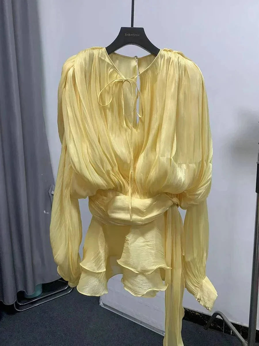 TWOTWINSTYLE V Neck Lace Up Mini Dress for Women - Solid Blouse Long Sleeve Spliced Lace Up Sweet Style Fashion - Redemption By Ashley North