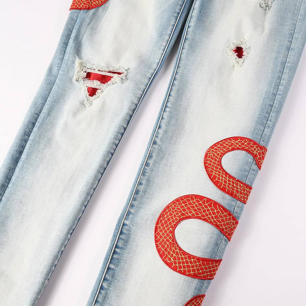 Blue Red Embroidered Snake Patch Jeans - Redemption By Ashley North