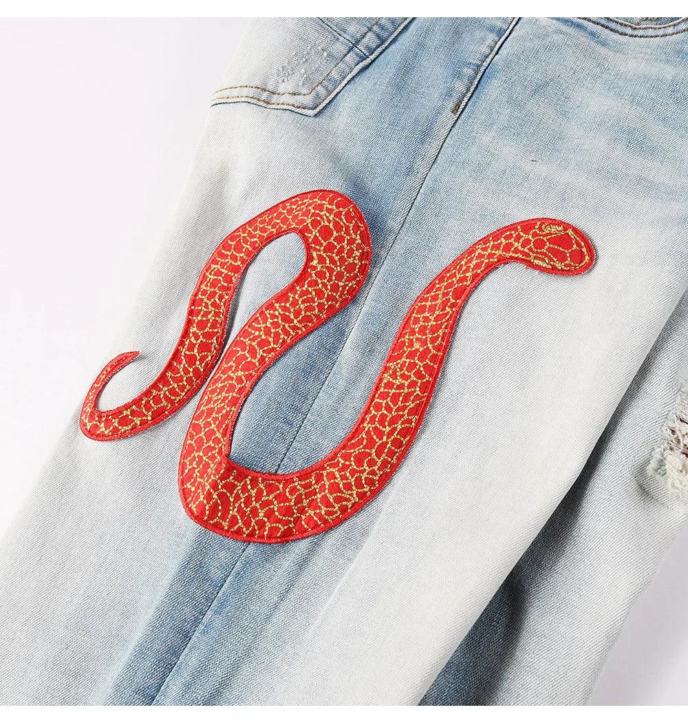 Blue Red Embroidered Snake Patch Jeans - Redemption By Ashley North