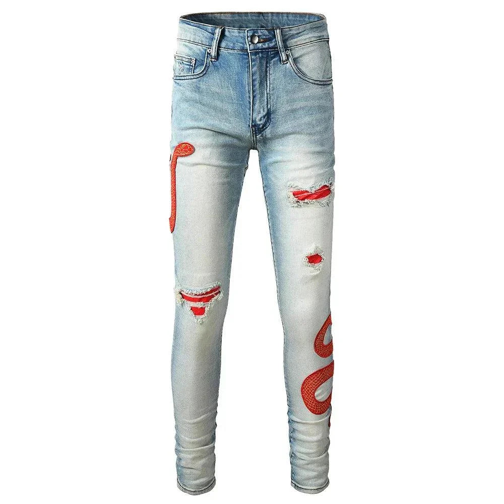 Blue red embroidered snake patch distressed skinny jeans with high-quality denim and unique design