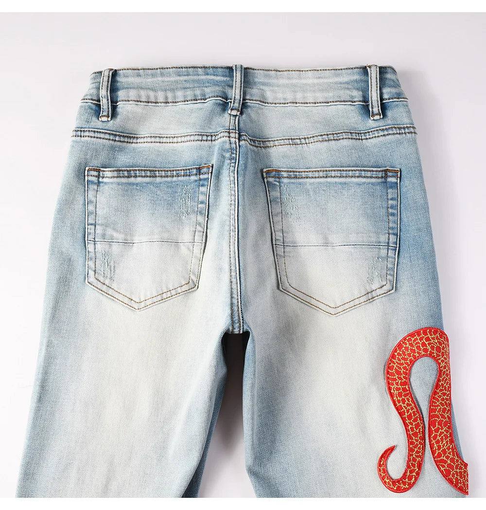 Blue Red Embroidered Snake Patch Jeans - Redemption By Ashley North