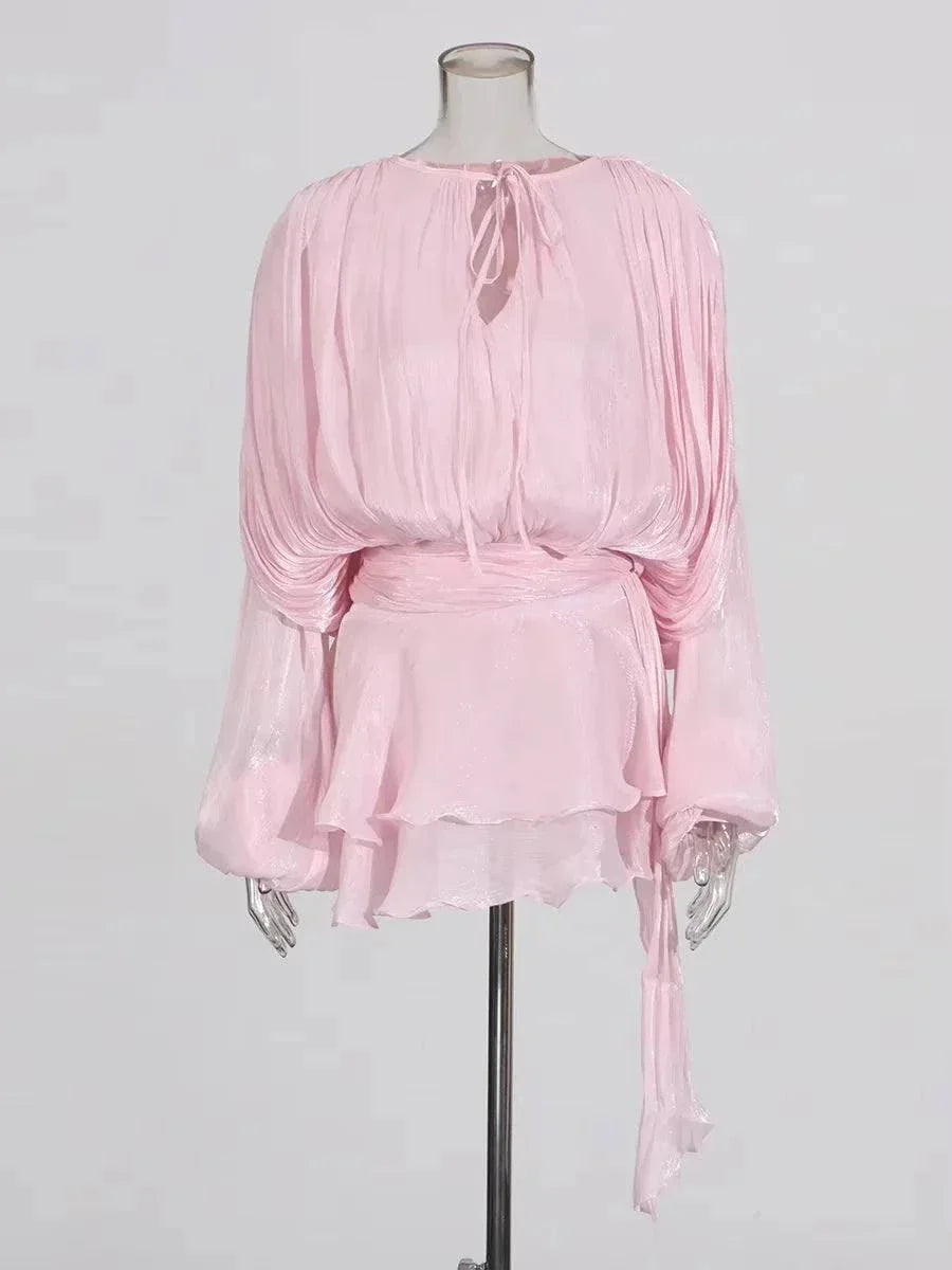 TWOTWINSTYLE V Neck Lace Up Mini Dress for Women - Solid Blouse Long Sleeve Spliced Lace Up Sweet Style Fashion - Redemption By Ashley North