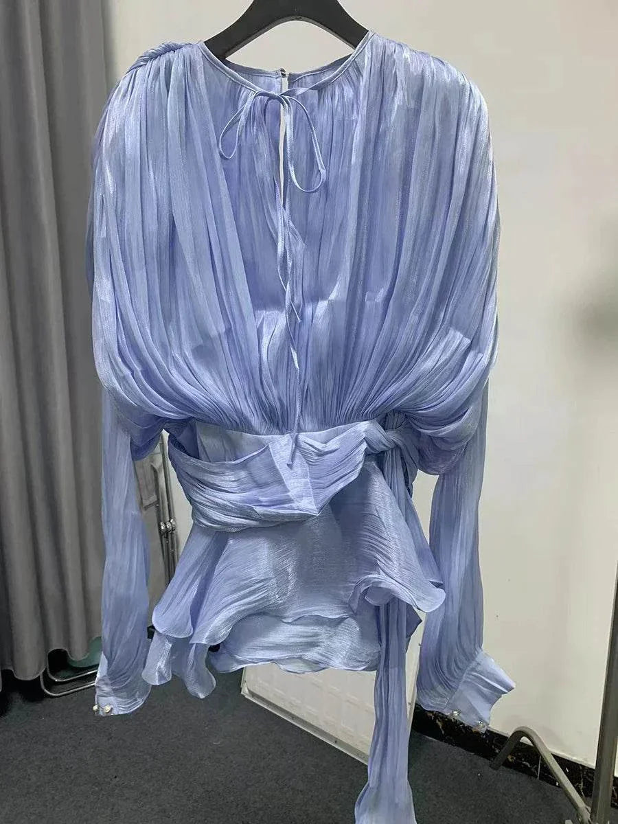 TWOTWINSTYLE V Neck Lace Up Mini Dress for Women - Solid Blouse Long Sleeve Spliced Lace Up Sweet Style Fashion - Redemption By Ashley North