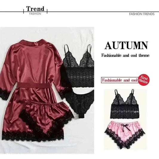 Lace Satin Pajama Set: Romantic Bliss 4-Piece Sleepwear Collection - Redemption By Ashley North