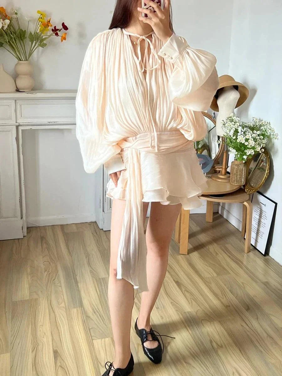 TWOTWINSTYLE V Neck Lace Up Mini Dress for Women - Solid Blouse Long Sleeve Spliced Lace Up Sweet Style Fashion - Redemption By Ashley North