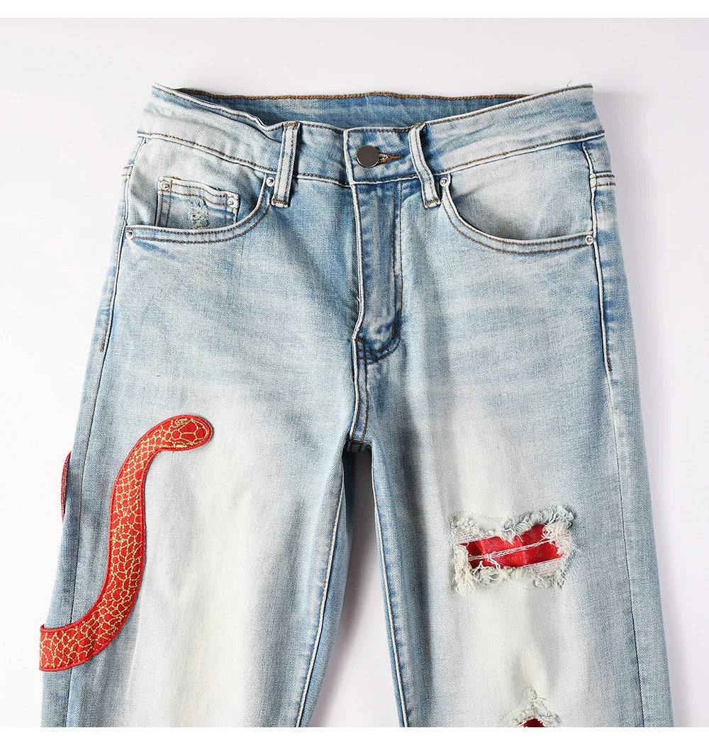 Blue Red Embroidered Snake Patch Jeans - Redemption By Ashley North