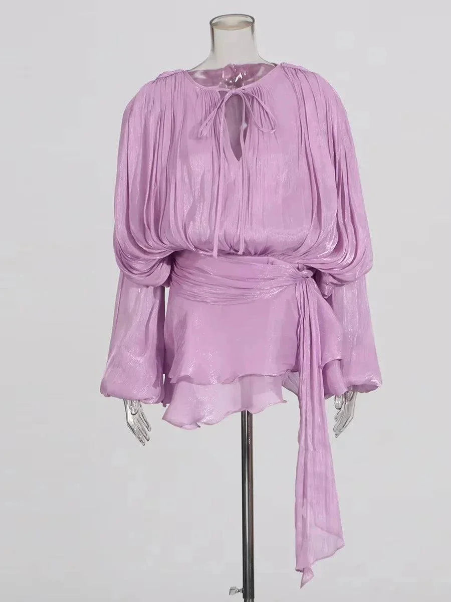 TWOTWINSTYLE V Neck Lace Up Mini Dress for Women - Solid Blouse Long Sleeve Spliced Lace Up Sweet Style Fashion - Redemption By Ashley North