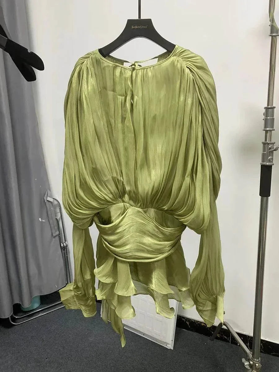 TWOTWINSTYLE V Neck Lace Up Mini Dress for Women - Solid Blouse Long Sleeve Spliced Lace Up Sweet Style Fashion - Redemption By Ashley North