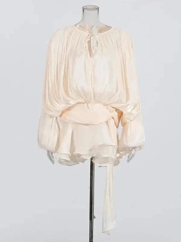 TWOTWINSTYLE V Neck Lace Up Mini Dress for Women - Solid Blouse Long Sleeve Spliced Lace Up Sweet Style Fashion - Redemption By Ashley North