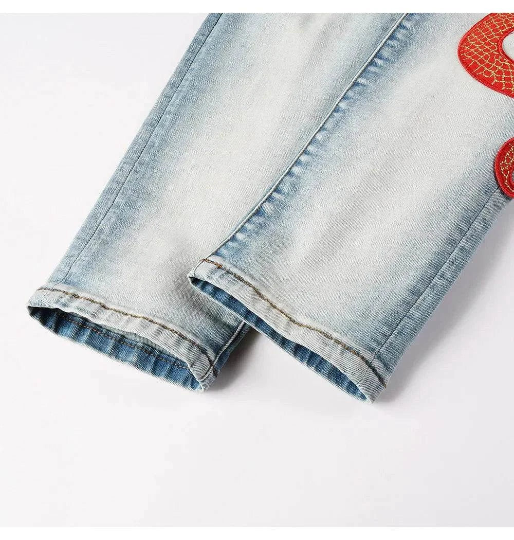 Blue Red Embroidered Snake Patch Jeans - Redemption By Ashley North