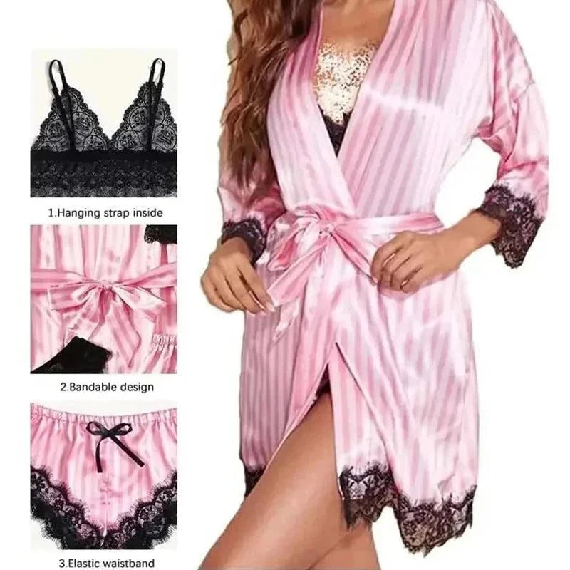 Lace Satin Pajama Set: Romantic Bliss 4-Piece Sleepwear Collection - Redemption By Ashley North