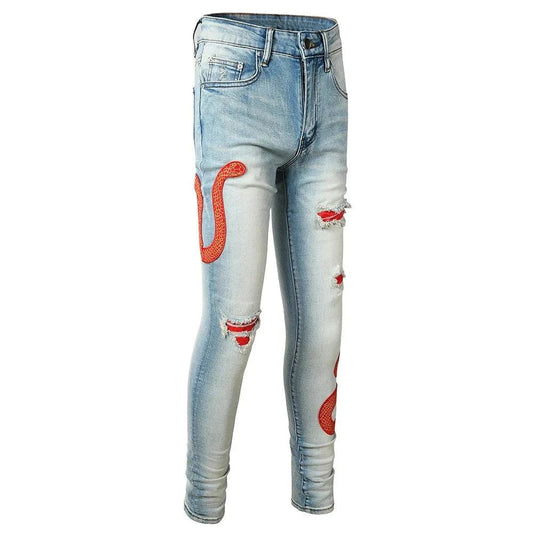 Blue Red Embroidered Snake Patch Jeans - Redemption By Ashley North