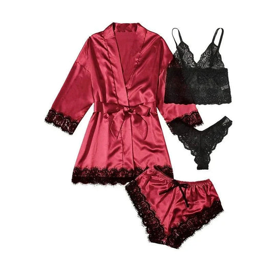 Lace satin pajama set with red robe, black lace camisole, shorts and matching underwear for elegant sleepwear.