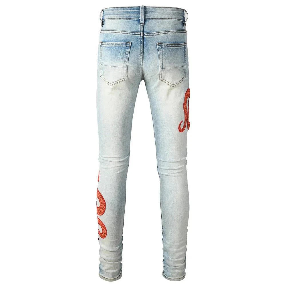 Blue Red Embroidered Snake Patch Jeans - Redemption By Ashley North