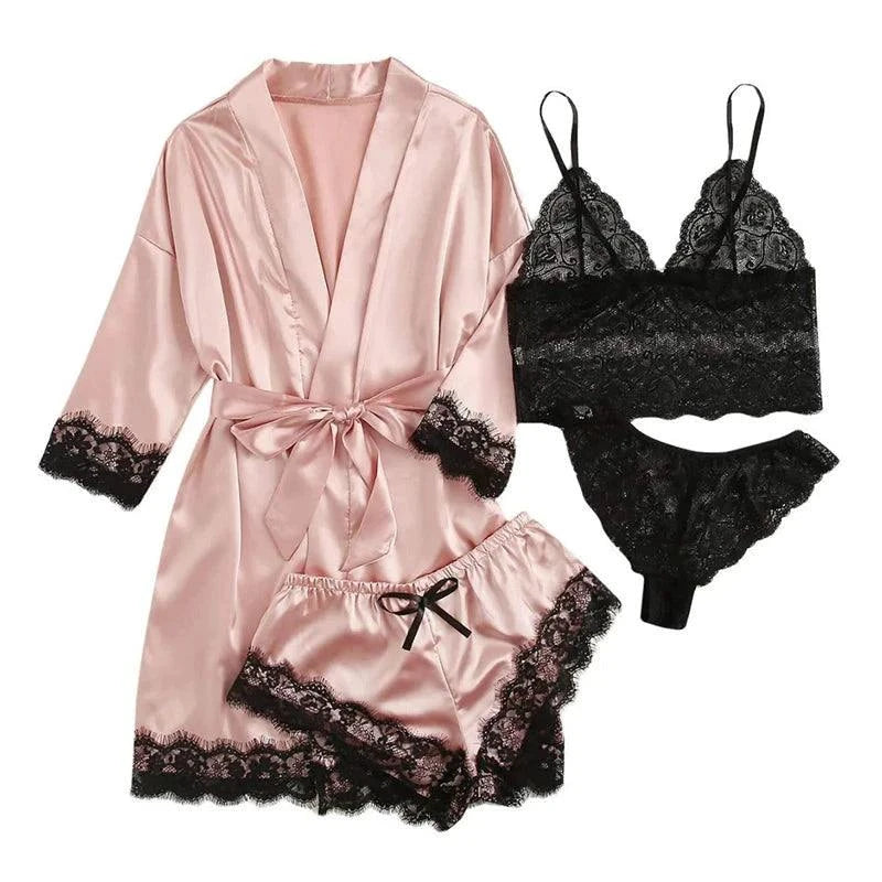 Lace Satin Pajama Set: Romantic Bliss 4-Piece Sleepwear Collection - Redemption By Ashley North